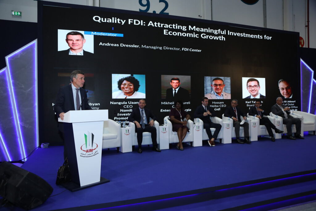 Andreas Dressler moderating the quality FDI panel at AIM Congress in Abu Dhabi 2023