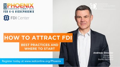 Promotional image of Andreas Dressler for the IEDC annual Leadership Summit in Arizona on February 4 - 6.
