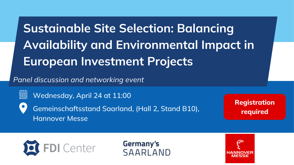 Promotional image of FDI Center and gwSaar's panel discussion and networking event at Hannover Messe on April 24.