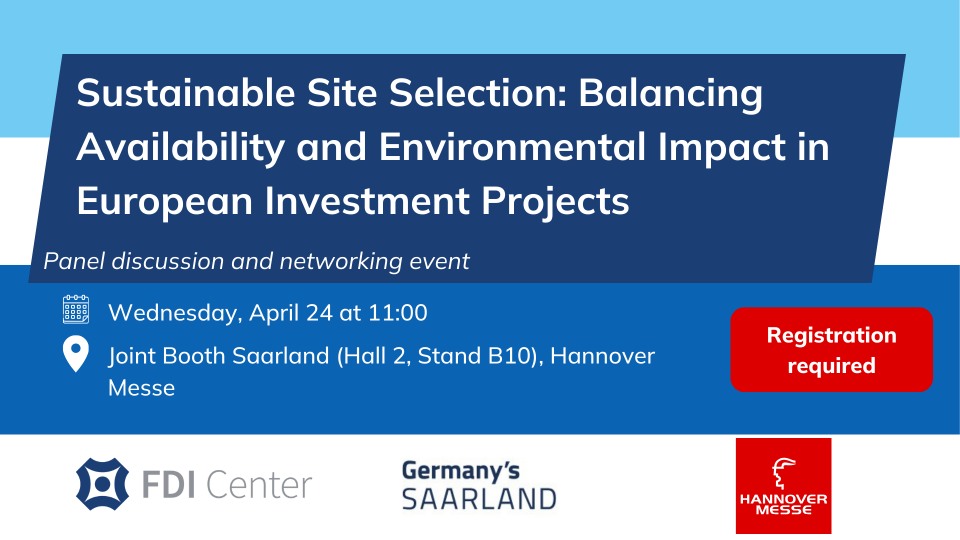 Promotional image of FDI Center and gwSaar's panel discussion and networking event at Hannover Messe on April 24.