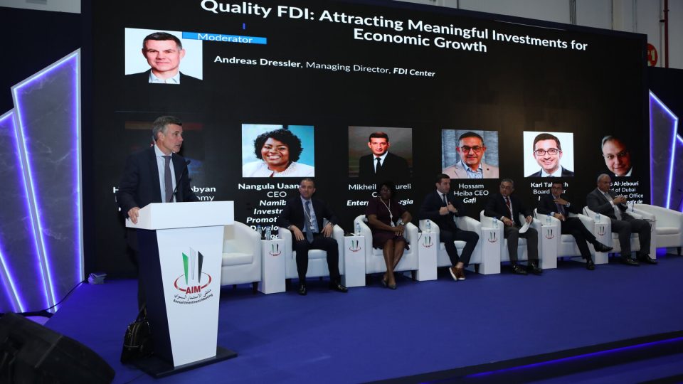 Andreas Dressler moderating the quality FDI panel at AIM Congress in Abu Dhabi 2023