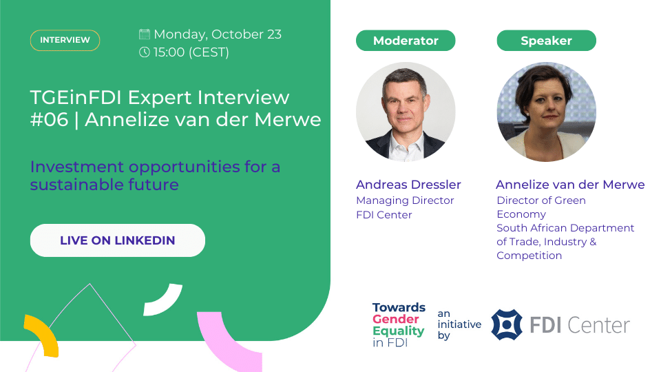 Promotional graphic for FDI Center's interview with Annelize van der Merwe on the topic of green economy on October 23rd 2023